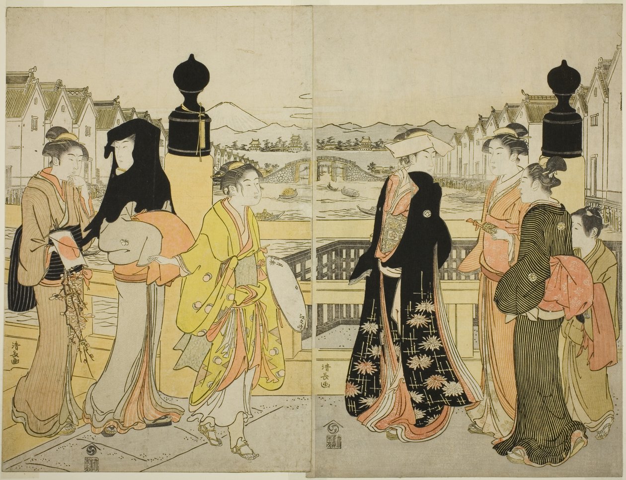 Kvinnor som korsar Nihonbashi-bron av Torii Kiyonaga