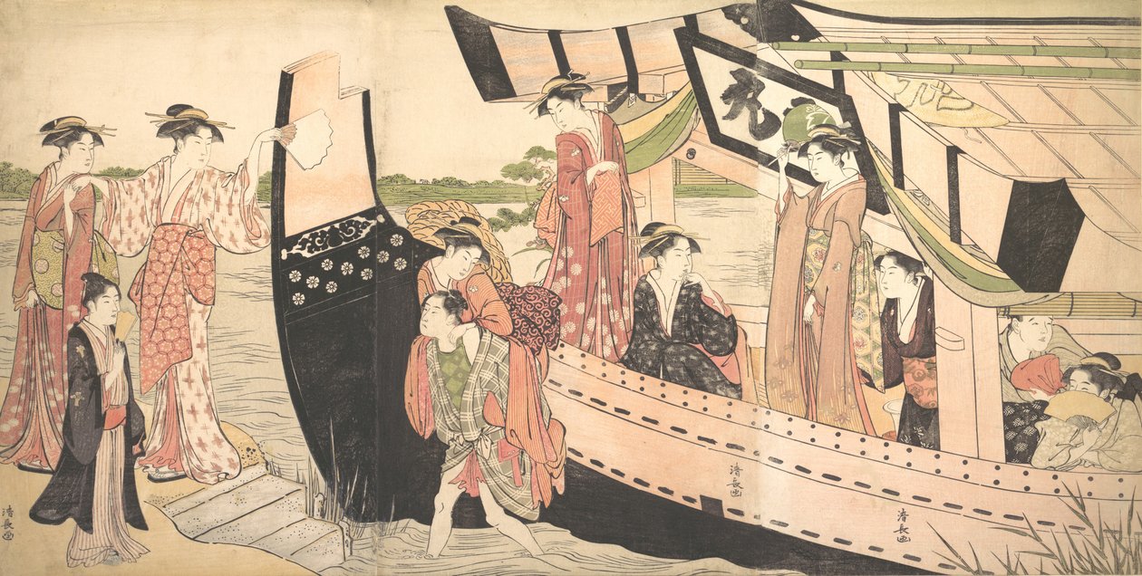 Kvinnor som landar från en nöjesbåt som dras upp till stranden vid Mukojima på Sumidafloden, ..., ca. 1785. av Torii Kiyonaga
