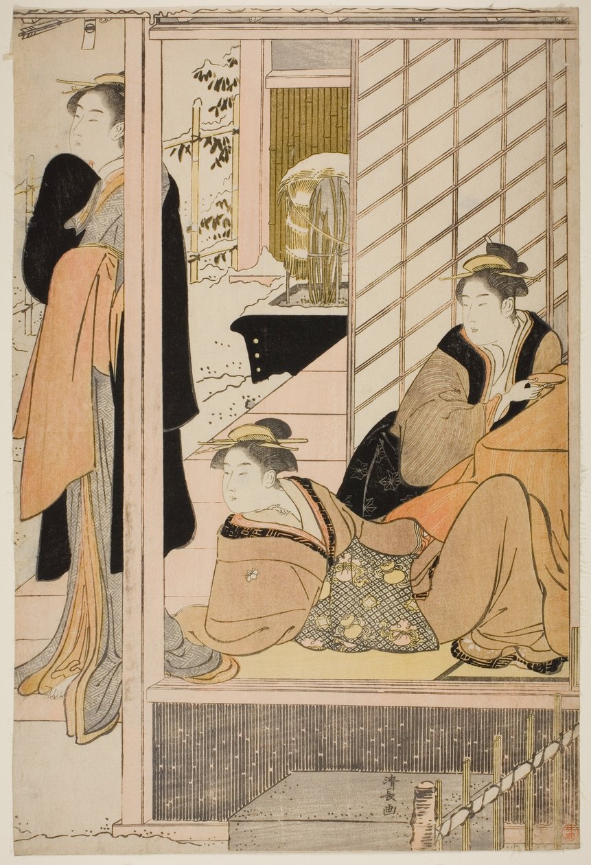 Kvinnor som tittar på en snöig trädgård från en salong av Torii Kiyonaga