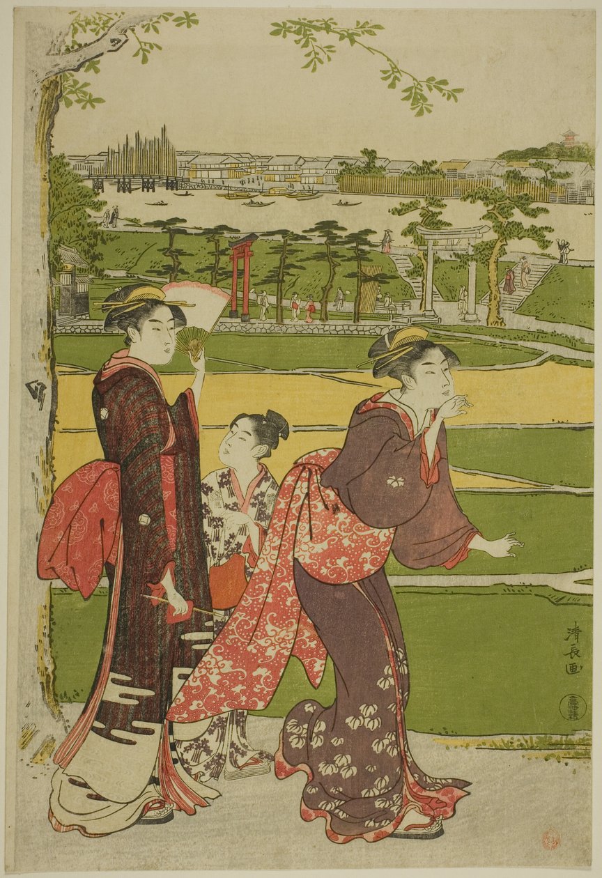 Kvinnor som besöker Mimeguri-helgedomen av Torii Kiyonaga