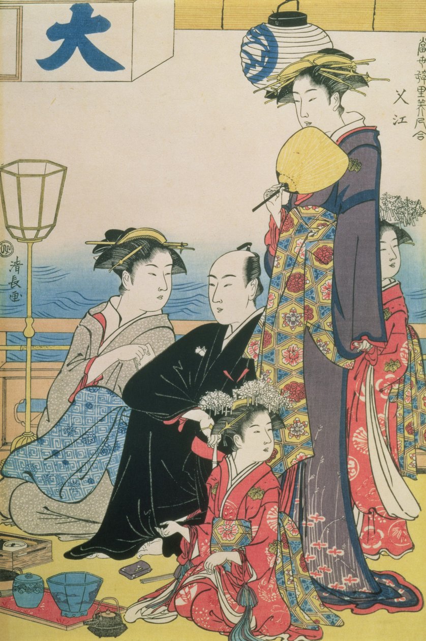 Women of the Gay Quarters, högra panelen av en diptyk (trätryck i färg) (se även 114571) av Torii Kiyonaga