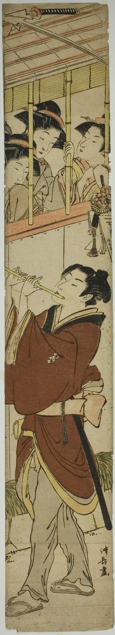 Ung man som spelar flöjt som titta på tre flickor av Torii Kiyonaga