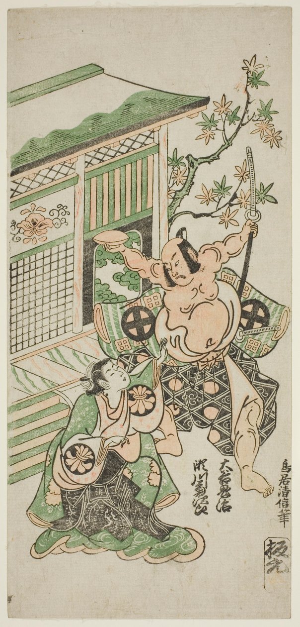 Skådespelarna Segawa Kikujiro I som Nobutsuras hustru Karumo och Otani Oniji I som Tahara Matataro i pjäsen "Shusse Momijigari", uppförd på Ichimura Theater i den elfte månaden 1747 av Torii Kiyonobu II