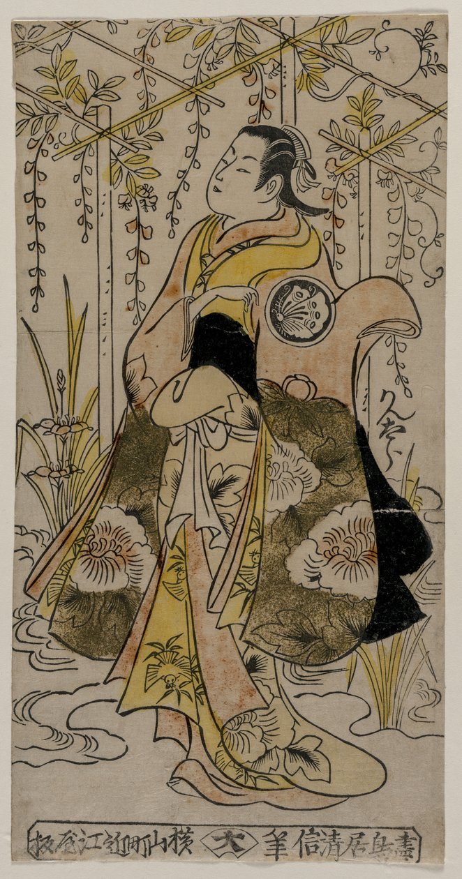 Sanjo Kantaro som en ung kvinna som står i en Wisteria berså, ca. tidigt eller mitten av 1730-talet. av Torii Kiyonobu I