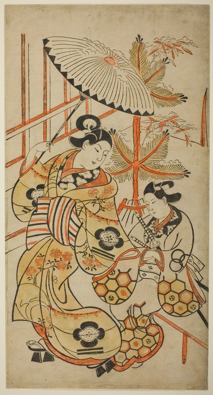 Skådespelarna Matsumoto Hyozo som kurtisan och Nakagawa Hanzaburo som ung av Torii Kiyonobu I