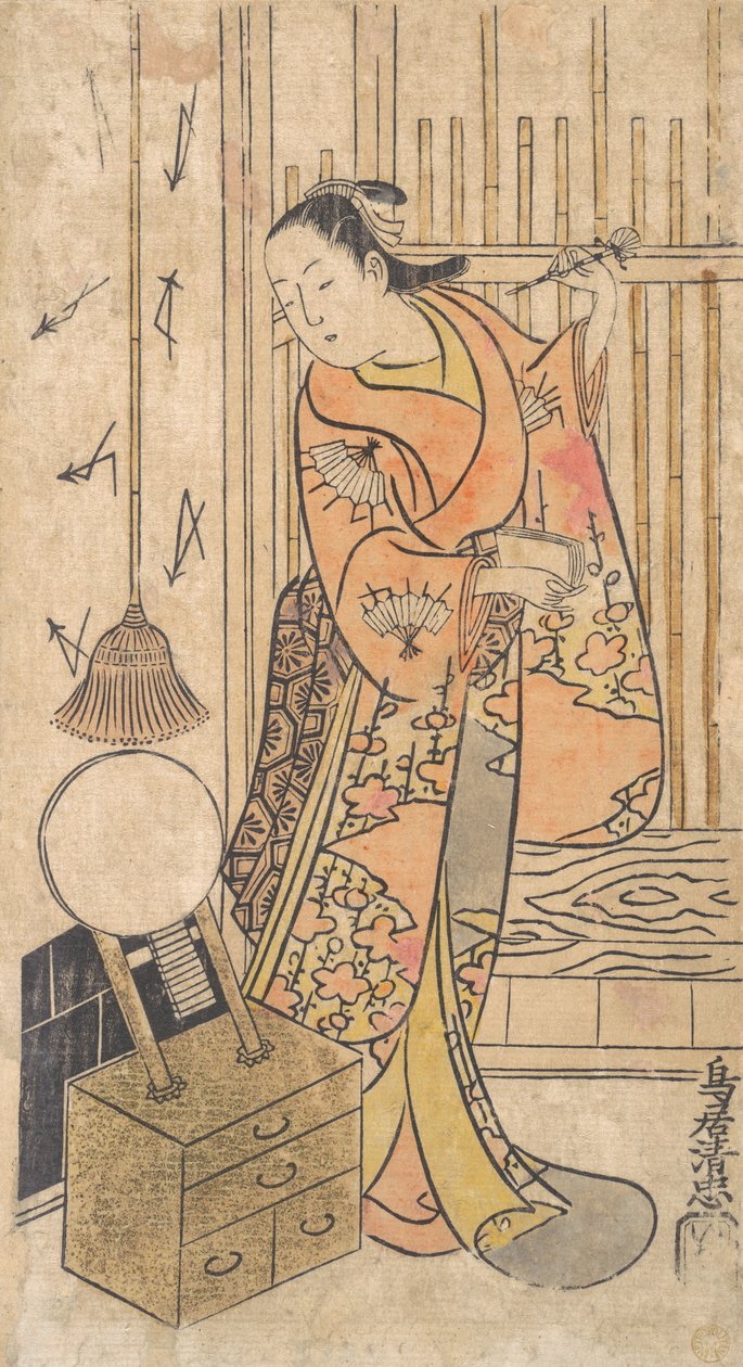 Skådespelare som kvinna som står vid en spegelställning, ca. 1735. av Torii Kiyotada