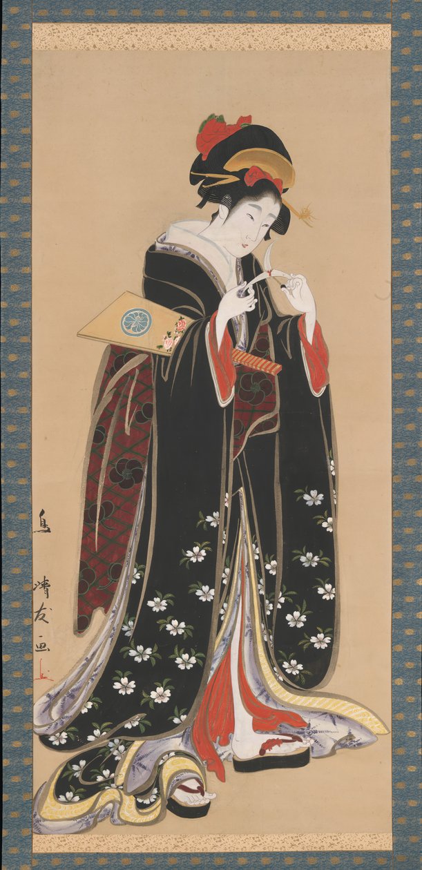 Kvinna med Battledore och fjäderboll, 1815-20. av Torii Kiyotomo