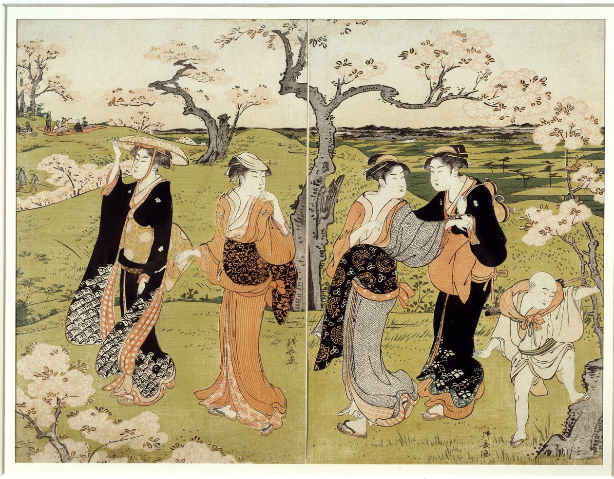 Picknick under körsbärsblommor i Assaakayama. Japanskt tryck av Torii Kiyonaga (1752-1815), Ukiyo-E-stil av Torii Kuyonaga