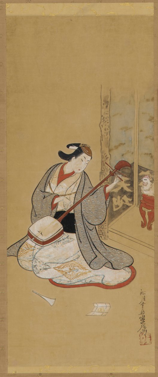 En skådespelare i kvinnlig klädsel i en samisen, Edo-period, mitten av slutet av 1700-talet. av Toriyama Sekien