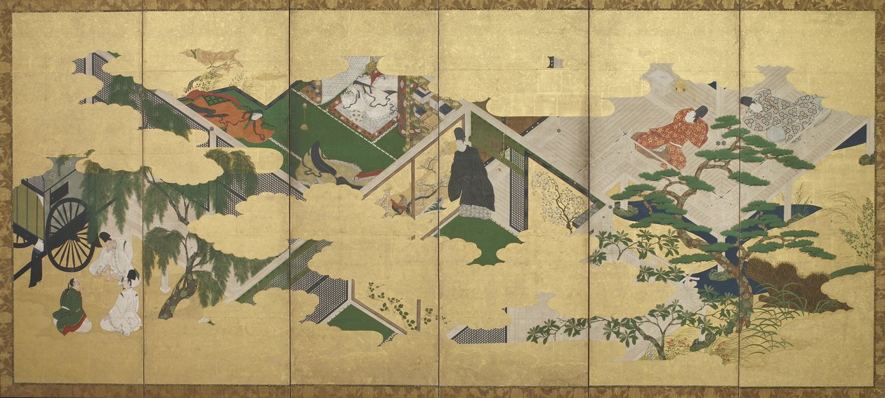 The Tale of Genji, kapitel 2: Prins Genjis besök i Utsusemi, Edo-perioden (bläck, färg och guld på papper) av Tosa Mitsuoki