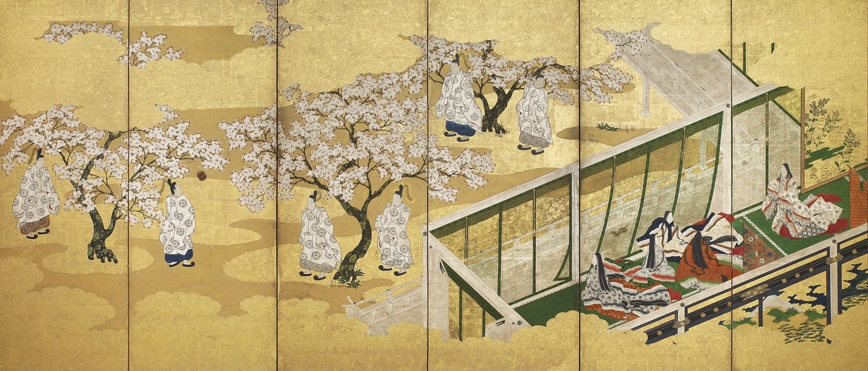 Sagan om Genji, kapitel 34; Kashiwagi får syn på den tredje prinsessan, Edo-perioden (bläck, färg och guld på papper) av Tosa Mitsuoki