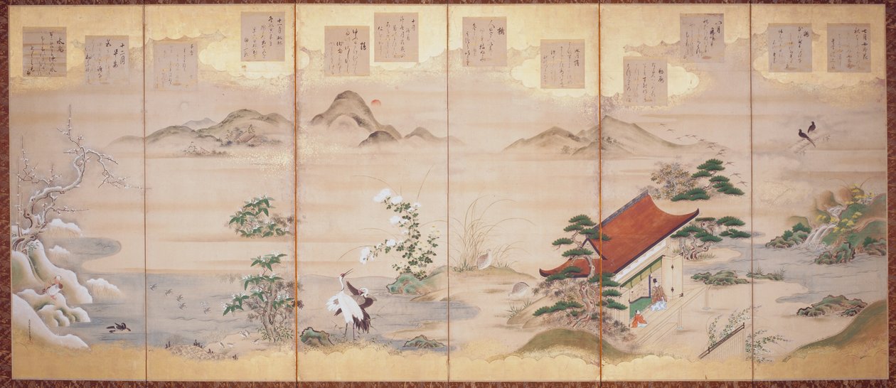 定家の十二ヶ月の詩（紙に墨、彩色、金箔、六曲屏風）スウェーデン語 av Tosa Mitsunari