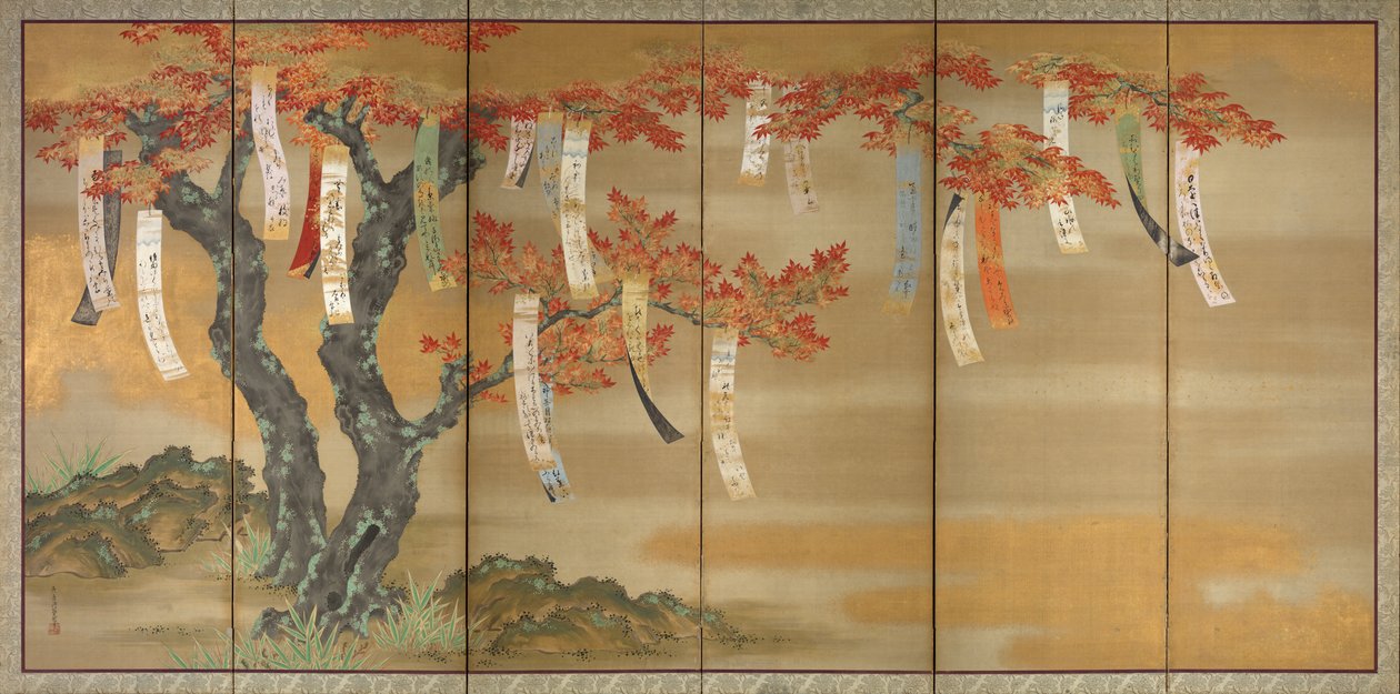 Blommande körsbär och höstlönn med diktlappar, 1654-81 av Tosa Mitsuoki
