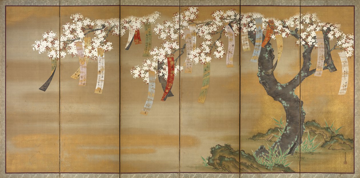 Blommande körsbär och höstlönn med diktlappar, 1654-81 av Tosa Mitsuoki