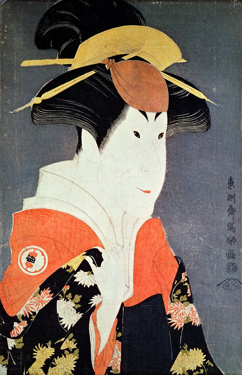 Huvud och axlar av kabuki-skådespelaren Segawa Tomisaburo II som Yadorigi, hustru till Ogishi Kurando), publicerad 1794 (träblock i färg) av Toshusai Sharaku