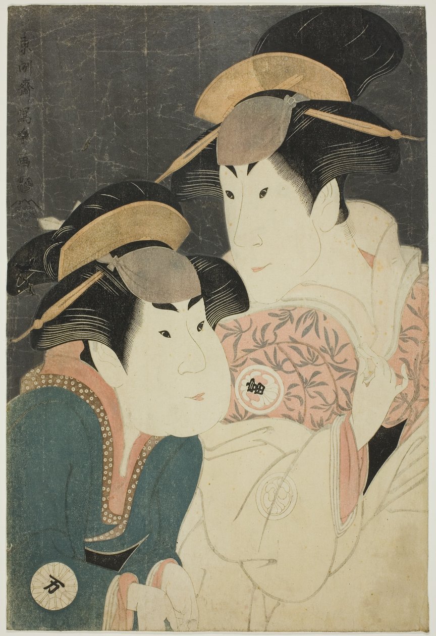 Skådespelarna Segawa Tomisaburo II (R) som Yadorigi, hustru till Ogishi Kurando, och Nakamura Manyo (L) som tjänaren Wakakusa av Toshusai Sharaku
