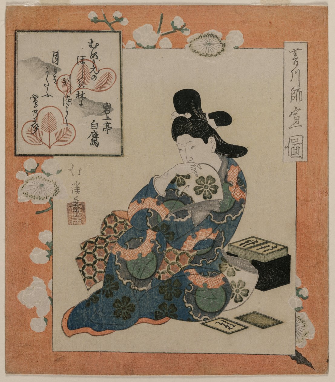 En bild av Hishikawa Moronobu: Kvinna med en uppsättning diktkort av Totoya Hokkei