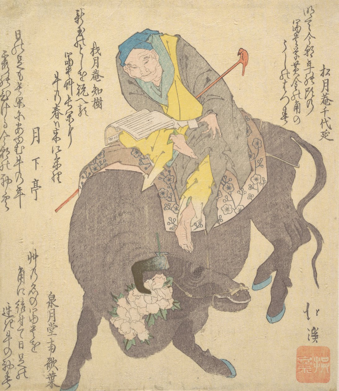 Kinesisk vis man läser medan man rider på en buffel, ca. 1820. av Totoya Hokkei