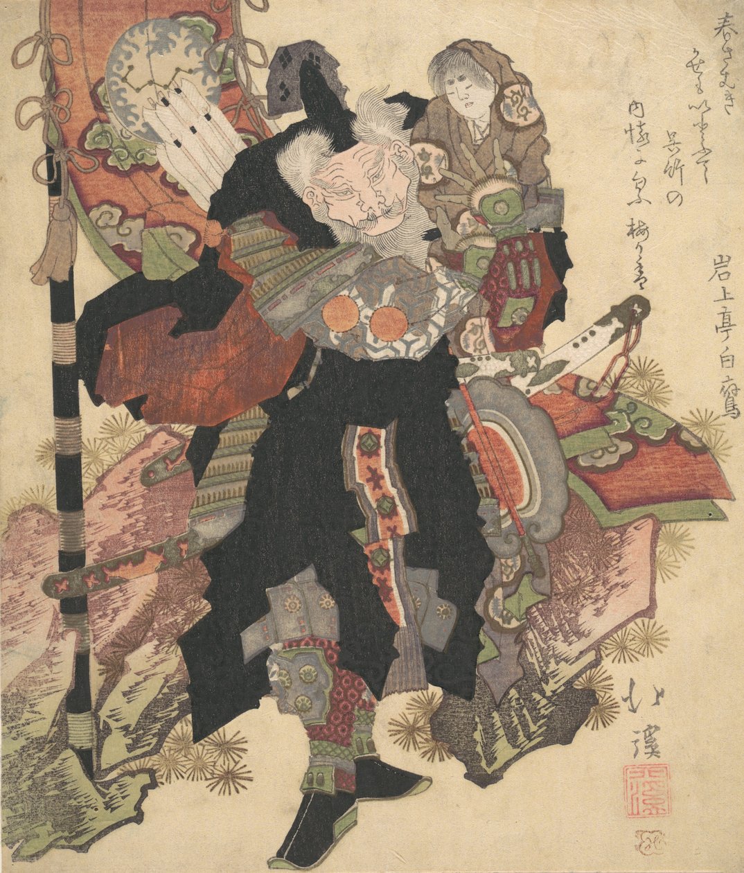 Kinesisk krigare som bär ett barn på sina axlar, ca. 1825. av Totoya Hokkei