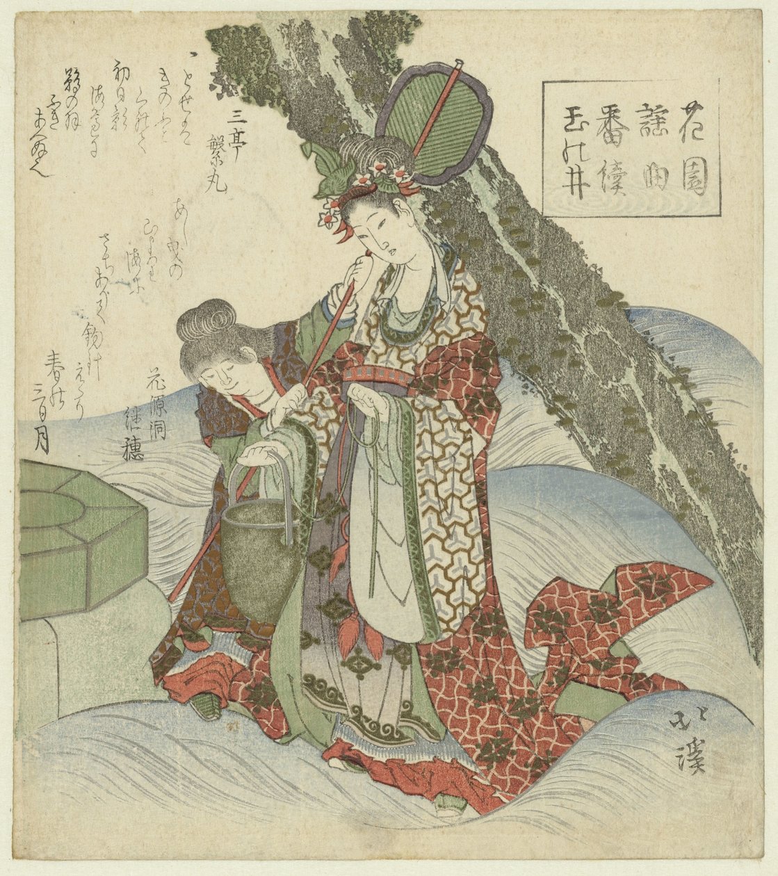 Smyckesfontänen Tama no i (titel på objekt) En serie Nô-låtar för Hanazono Poetry Society (serietitel) Hanazono yôkyoku bantsuzuki (serietitel på objekt) av Totoya Hokkei