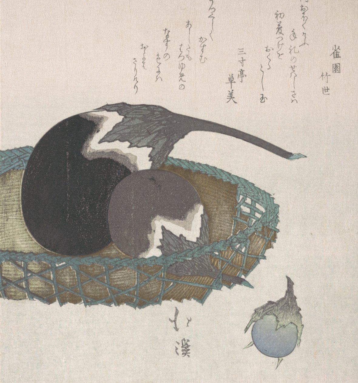Aubergine i en korg, 1800-talet. av Totoya Hokkei