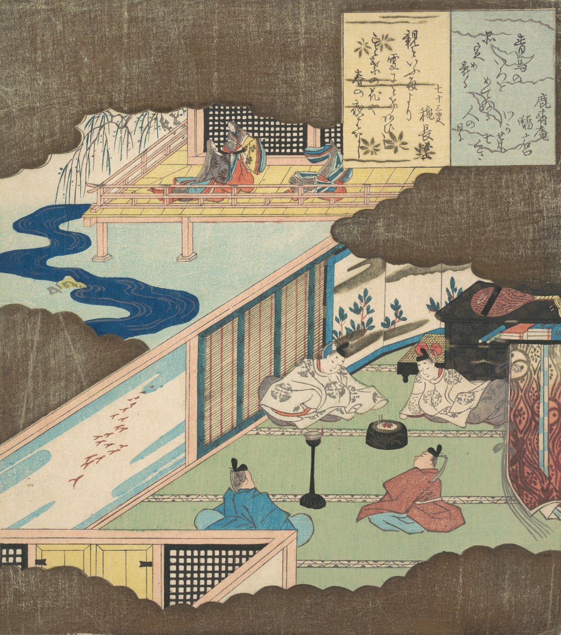 Interiör av ett palats med adelsmän som samtalar, ca. 1820. av Totoya Hokkei