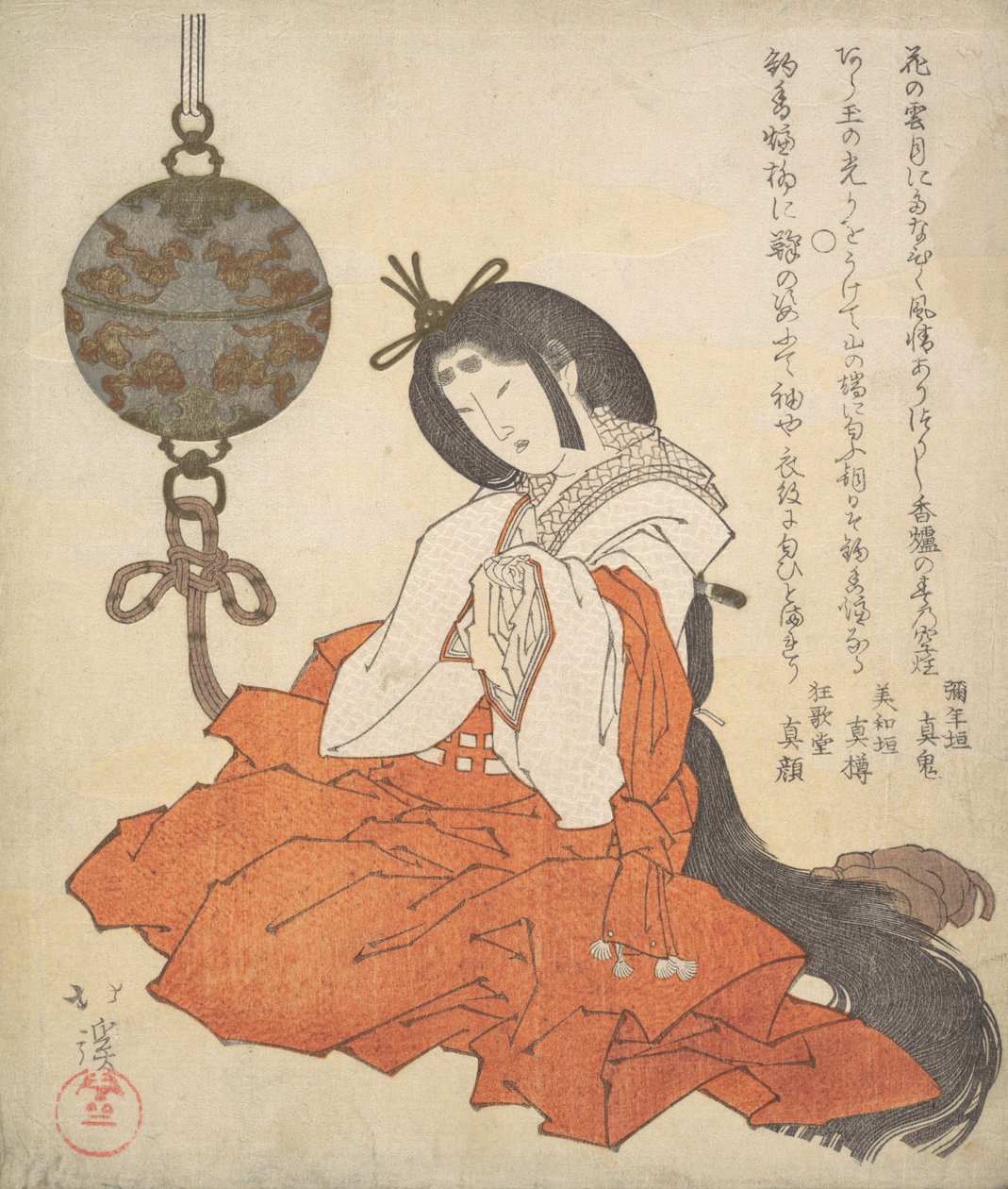 Kanjo Court Lady Sittande, och en Tsurikoro som hänger nära hennes huvud, ca. 1825. av Totoya Hokkei