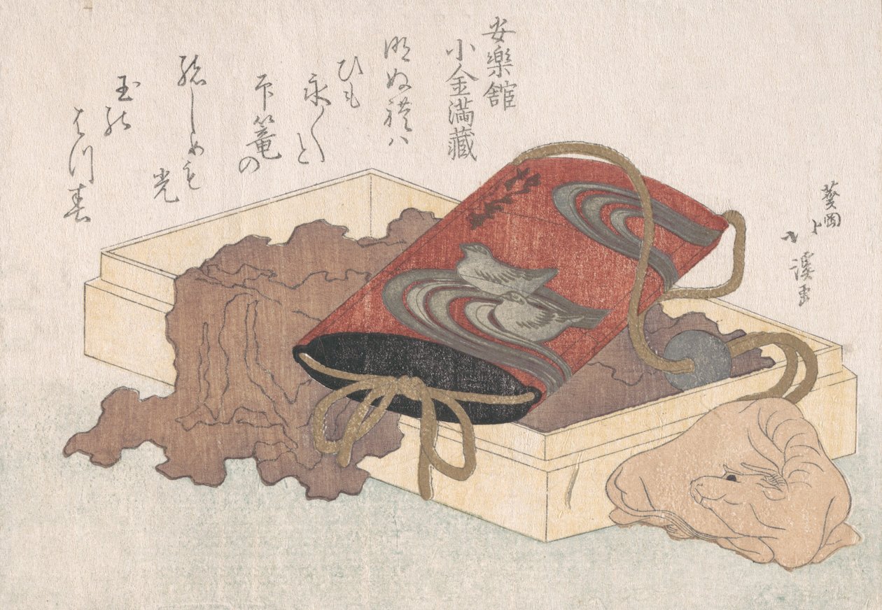 Lack Inro med vattenfåglar och oxformad Netsuke i en låda från vårregnet ..., troligen 1817. av Totoya Hokkei