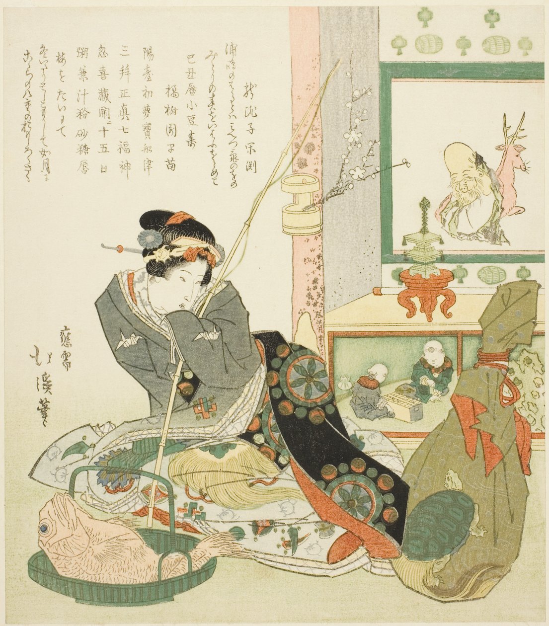 Lady Sittande vid en Tokonoma Alkov av Totoya Hokkei