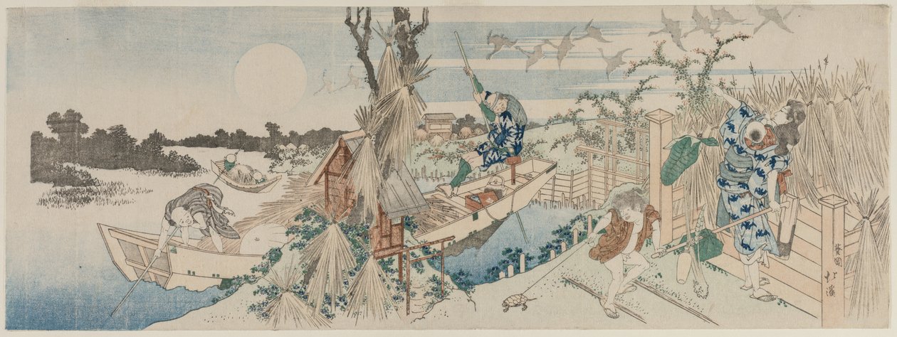 Landskap med färja, gäss och fullmåne, tidigt 1830-tal. av Totoya Hokkei