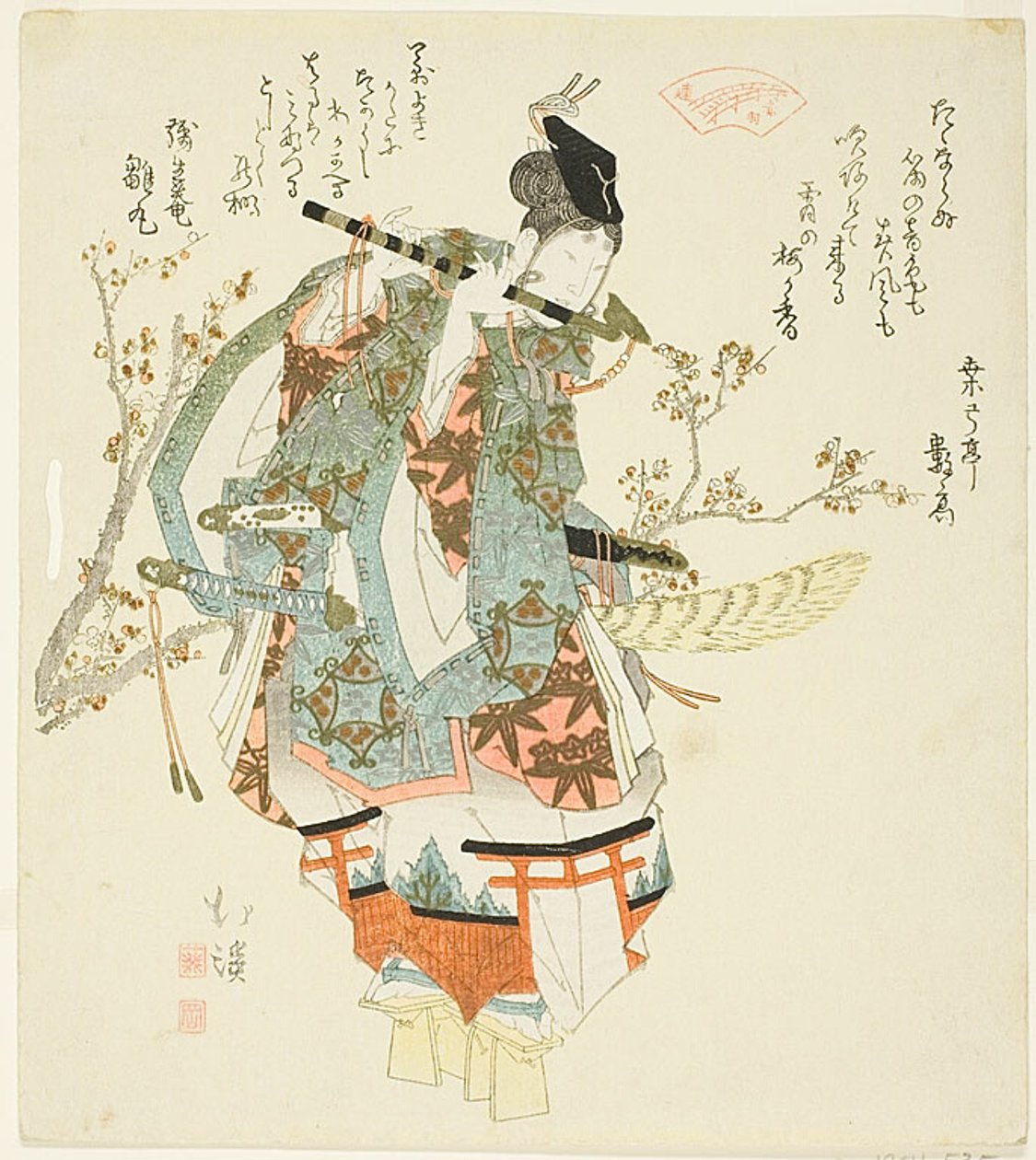 Minamoto no Yoshitsune (Ushiwaka Maru) spelar flöjt av Totoya Hokkei