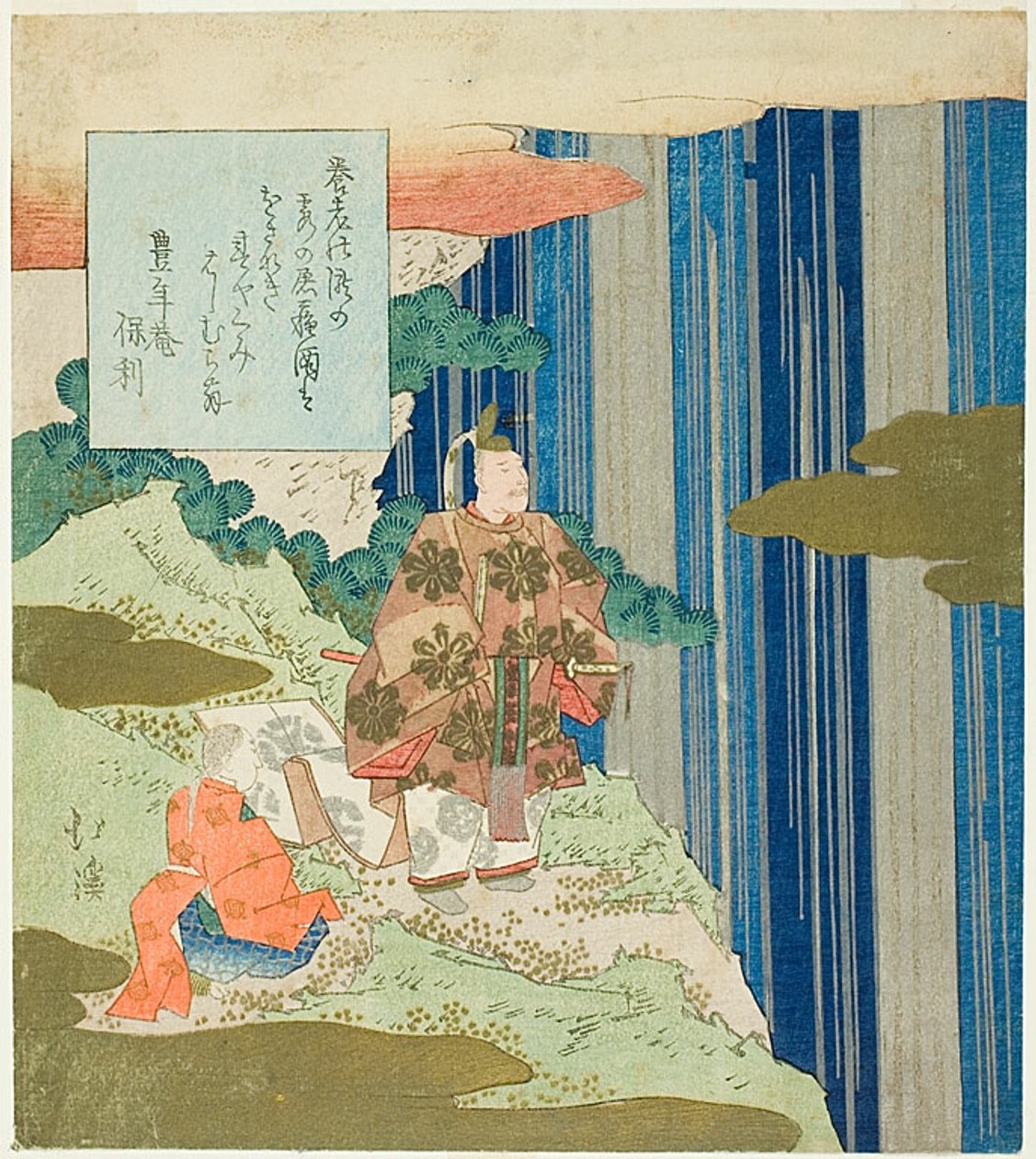 Narihira vid Nunobiki-vattenfallet, från avsnitt 87 av Tales of Ise av Totoya Hokkei