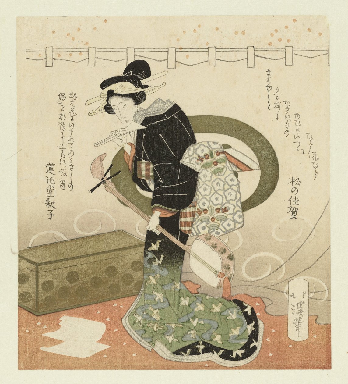 Kvinna med shamisen Pentaptyk om att beundra blommor (serietitel) Hanami gobantsuzuki (serietitel på objekt) av Totoya Hokkei