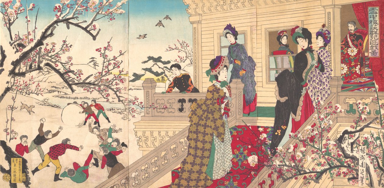 Barn som leker i snön under blommande plommonträd, 1887 (träblockstryck) av Toyohara Chikanobu