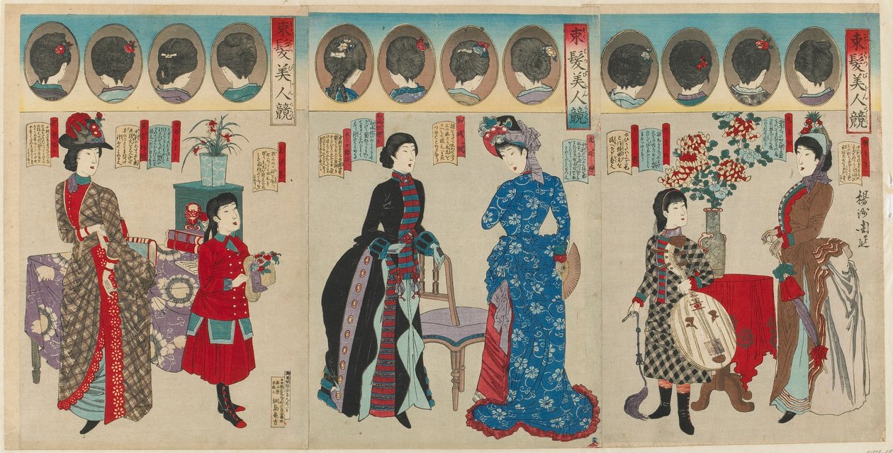 Jämförelse av vackra kvinnor i västerländska frisyrer, Meiji-eran, 1887 (träblock i färg) av Toyohara Chikanobu
