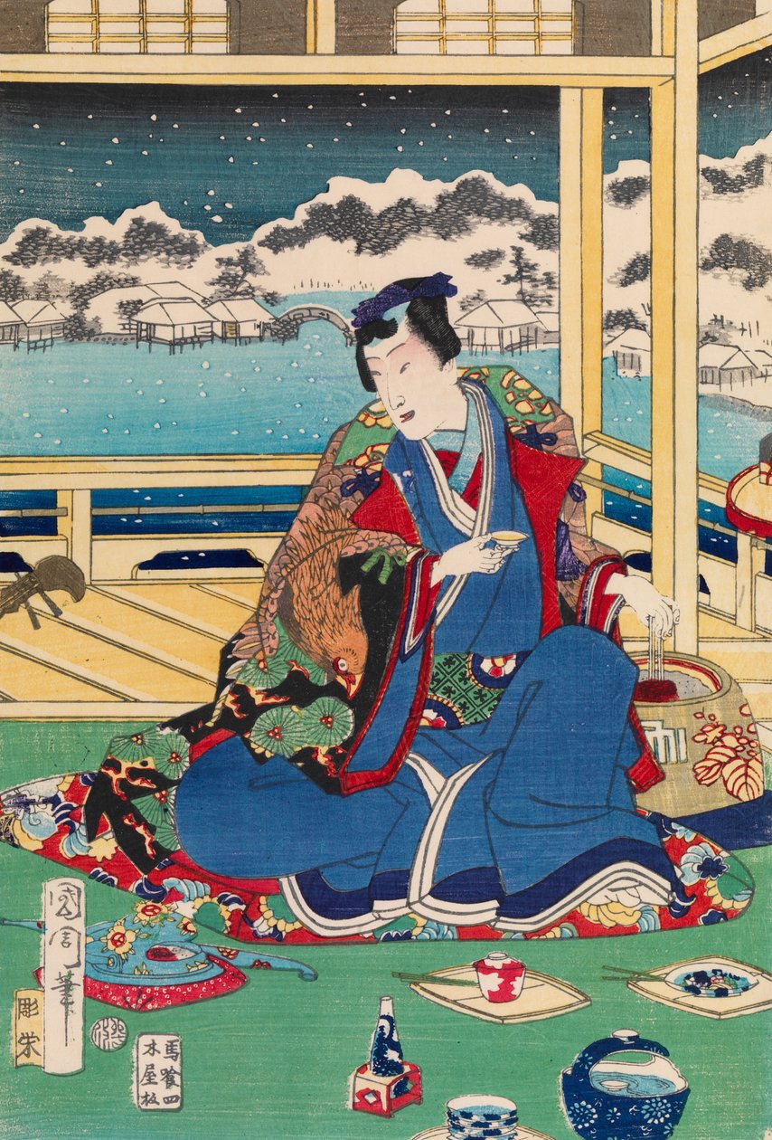Genji Viewing Snow From a Balcony av Toyohara Kunichika