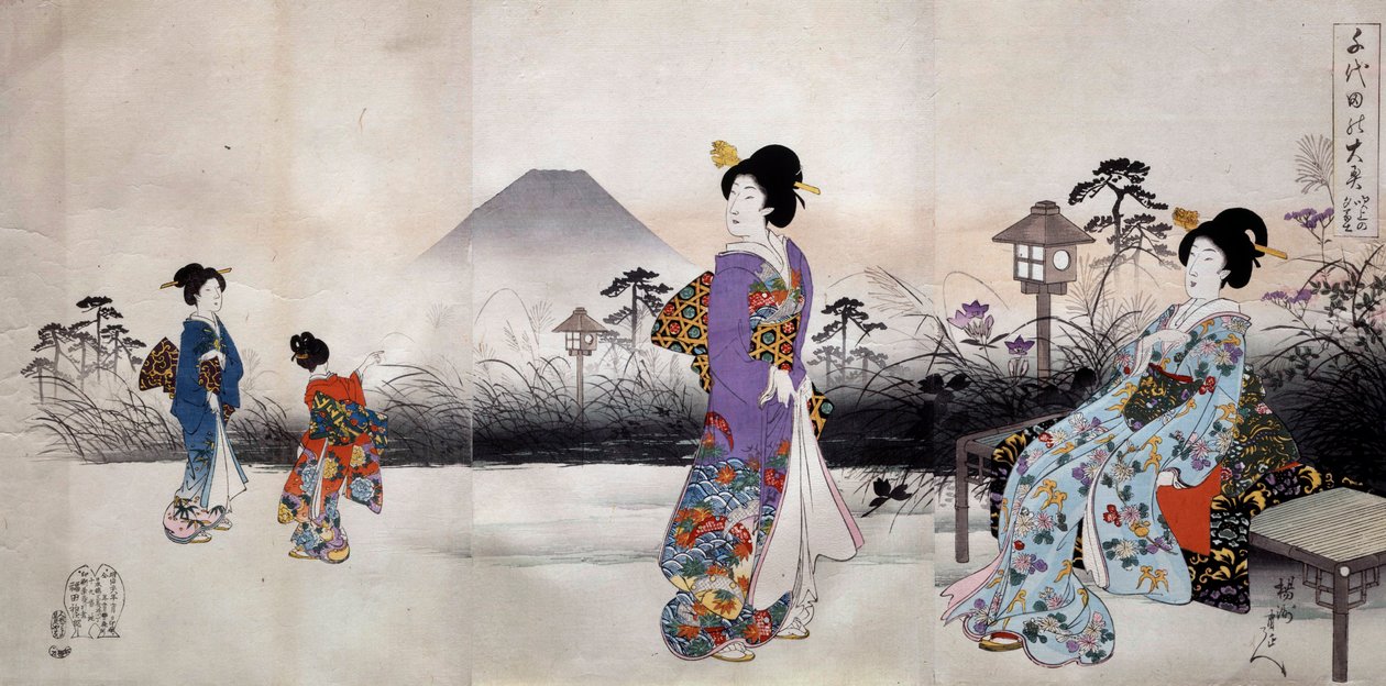 Japanska kvinnor som går framför berget Fuji Japanskt tryck av Toyohara Chikanobu (1838-1912) 1896 Privat samling av Toyohara Chikanobu