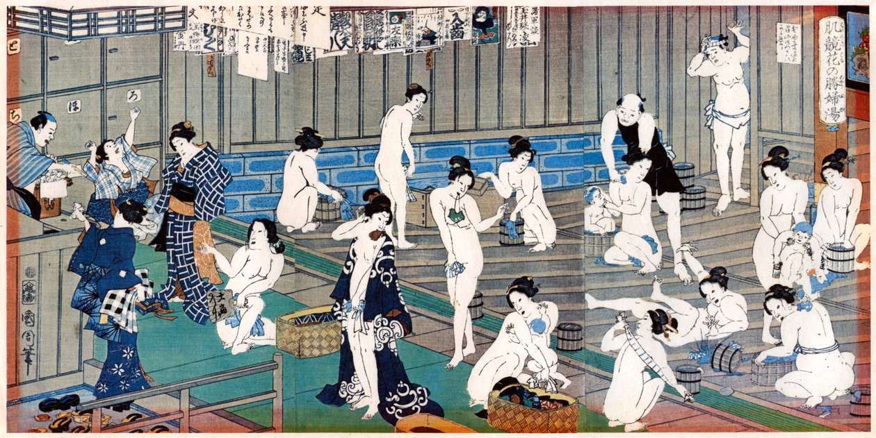 Badhusscen, ett tryck av Toyohara Kunichika, 1800-talet av Toyohara Kunichika