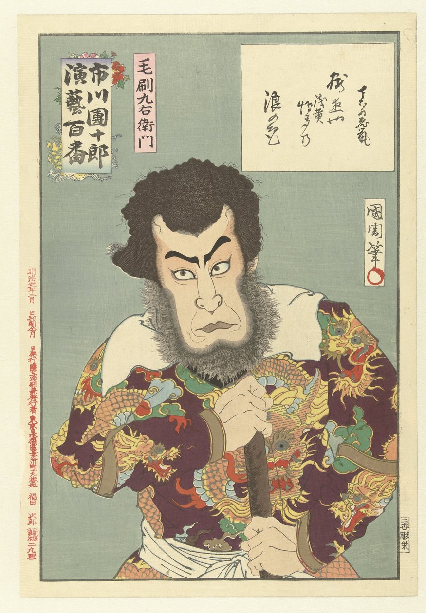 Ichikawa Danjuro IX som Kezori Kyuemon Kezori Kyuemon (titel på objekt) Honderd rollen van Ichikawa Danjuro IX (serietitel) Ichikawa Danjuro engei hyakuban (serietitel på objekt) av Toyohara Kunichika