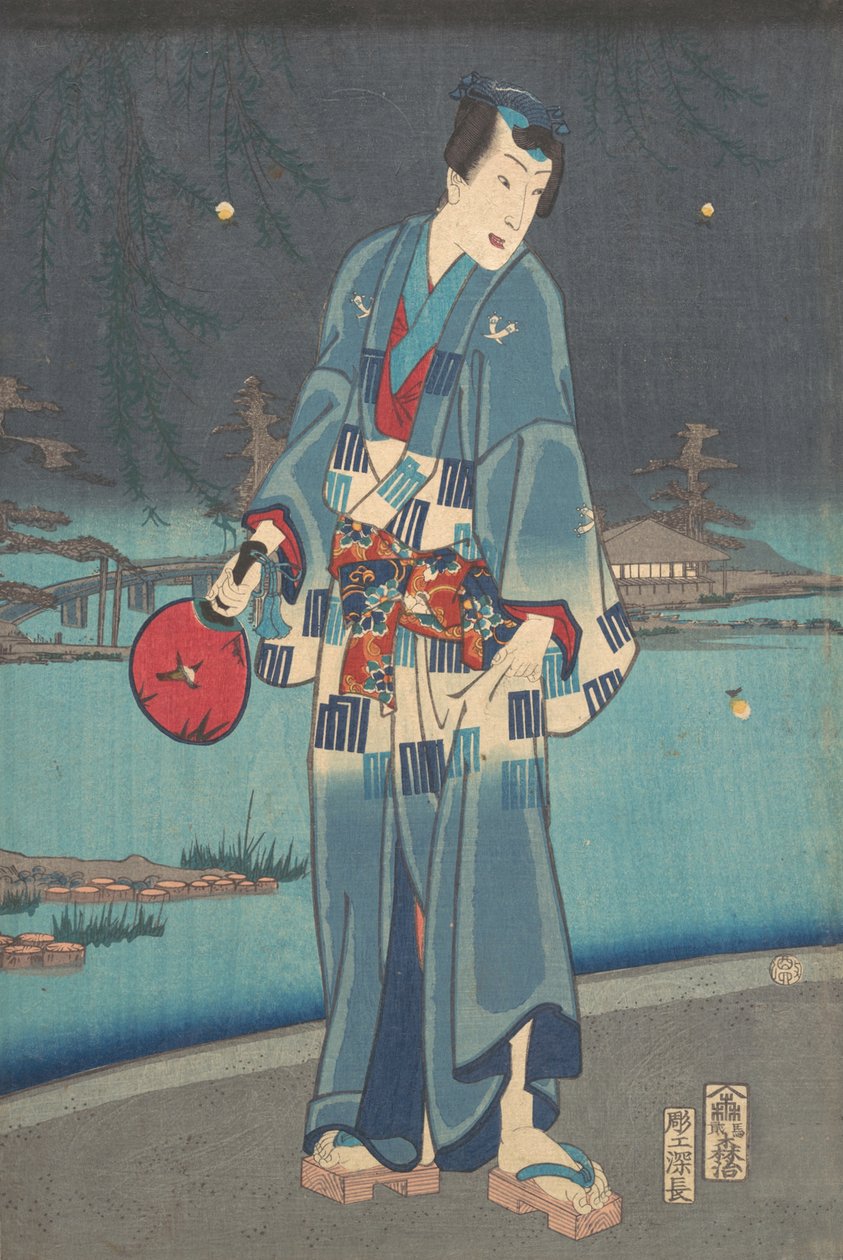 Algae de genji - visning av filéflugor i detta liv genji test eldflugespel, 1861. av Toyohara Kunichika
