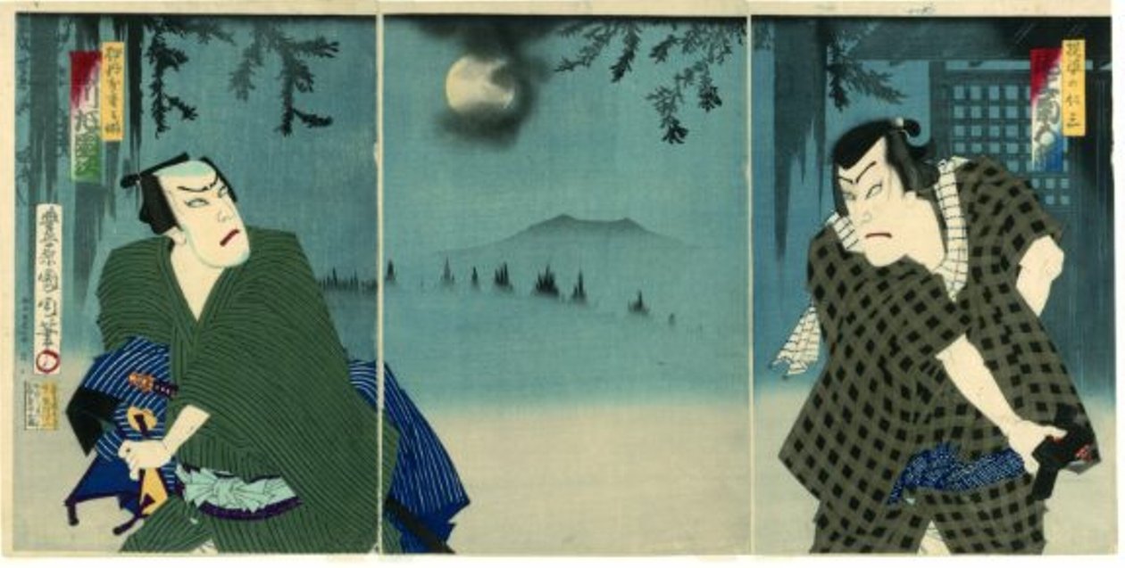 Onoe Kikugorō V som Daiba no Jinzō och Ichikawa Sadanji I som Itamiya Jubei av Toyohara Kunichika