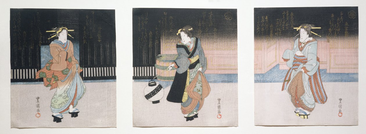 Geisha på natten triptyk, 1818-30 (träsnitt) av Toyokuni II