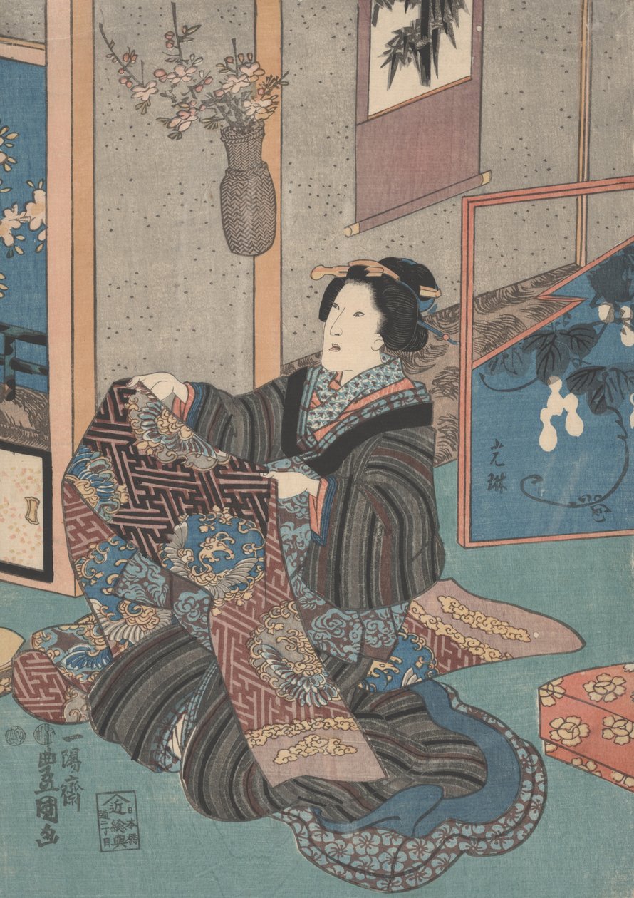 Lady som håller en Obi av Utagawa Toyokuni
