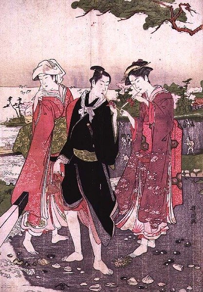 Två flickor och en ungdom på en strand, pub. c.1780 av Utagawa Toyokuni