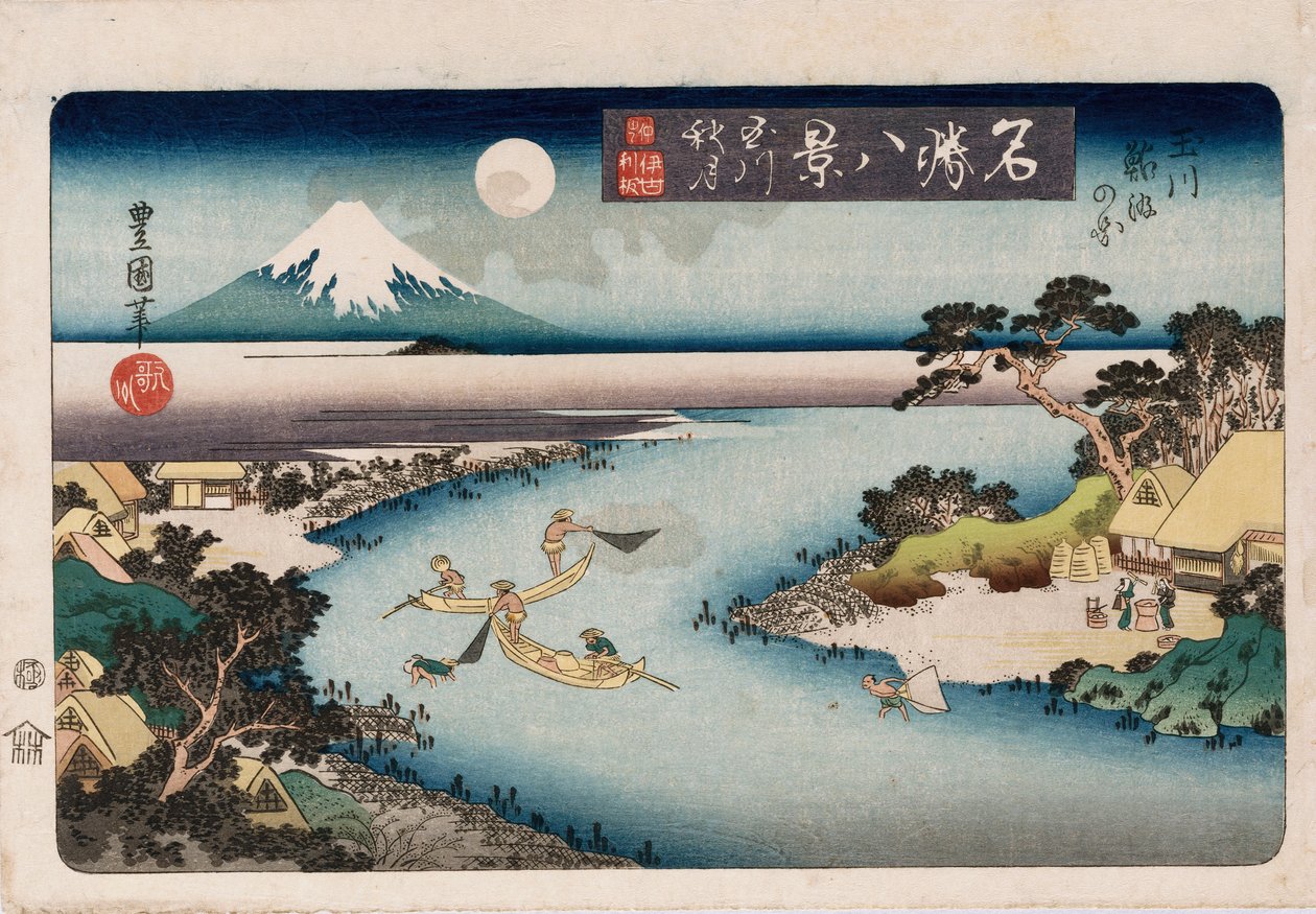 Autumn Moon, Tama River", från serien "Åtta vyer över kända platser" av Toyokuni II