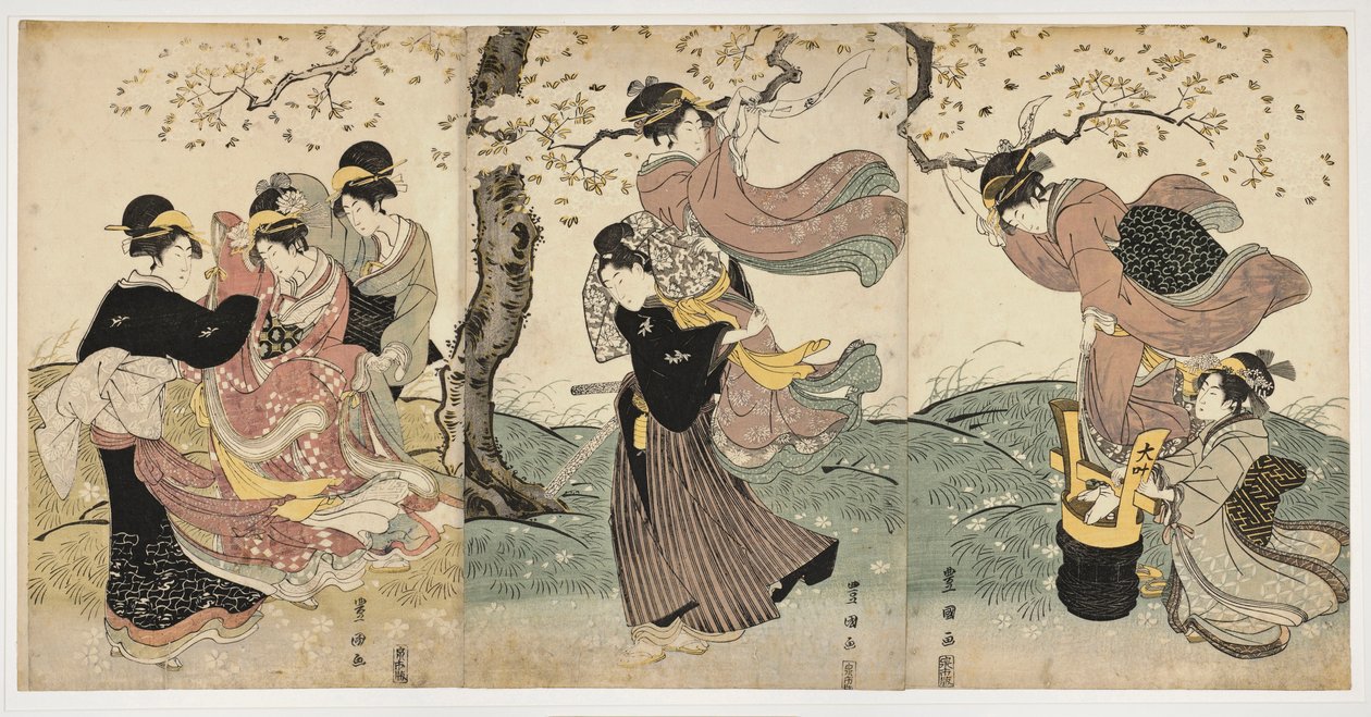 Japansk konst: Flowers in the Wind (scen med kvinnor och en man som hänger streamers från grenarna på ett träd) - Tryck av Utagawa Toyokuni (1769-1825) linosnitt (37,8x75,9), cirka 1797-1800 - Honolulu Academy of Arts av Toyokuni Utagawa