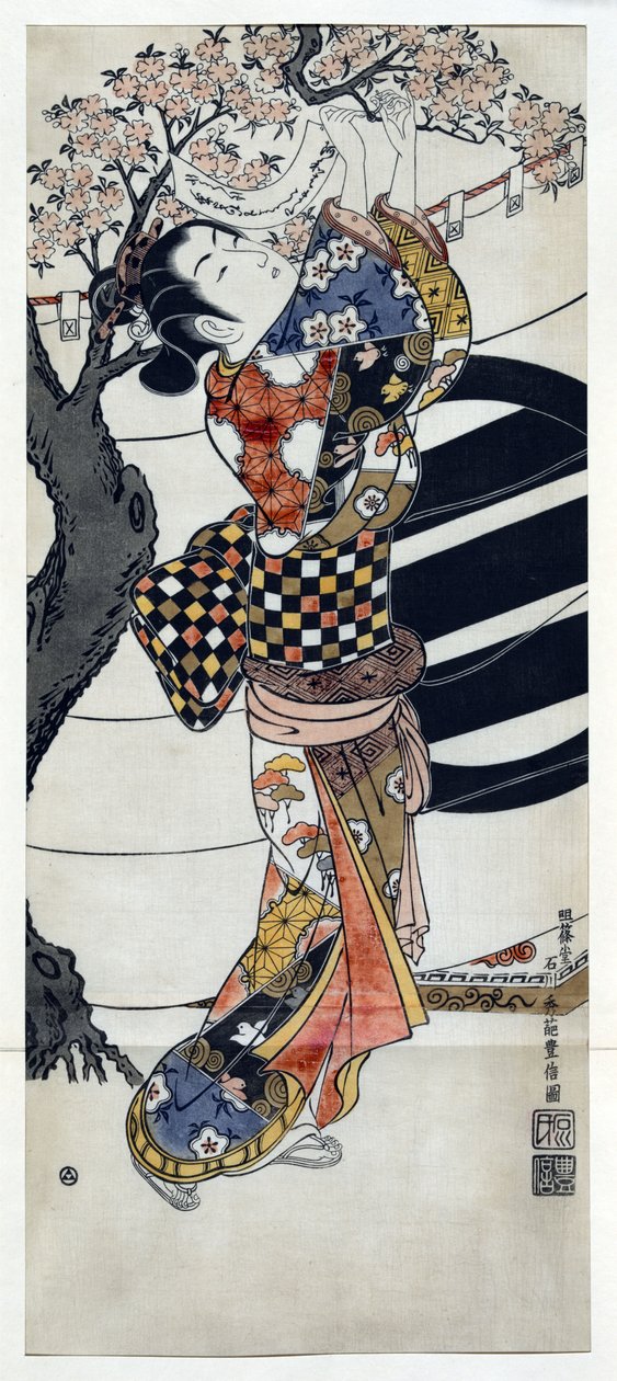 Japansk kvinna som bär en kimono hänger dikter i ett blommande körsbärsträd, japanskt träsnitt av Ishikawa Toyonobu (1711-1785) ca. 1741 av Toyonobu Ishikawa