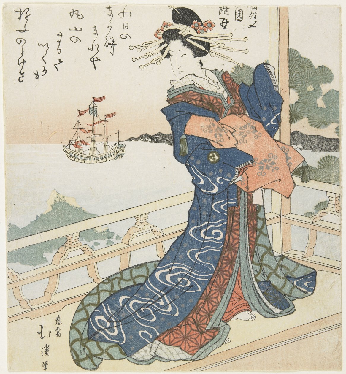 Kurtisan som tittar på ett främmande fartyg, 1818-1844 av Toyota Hokkei