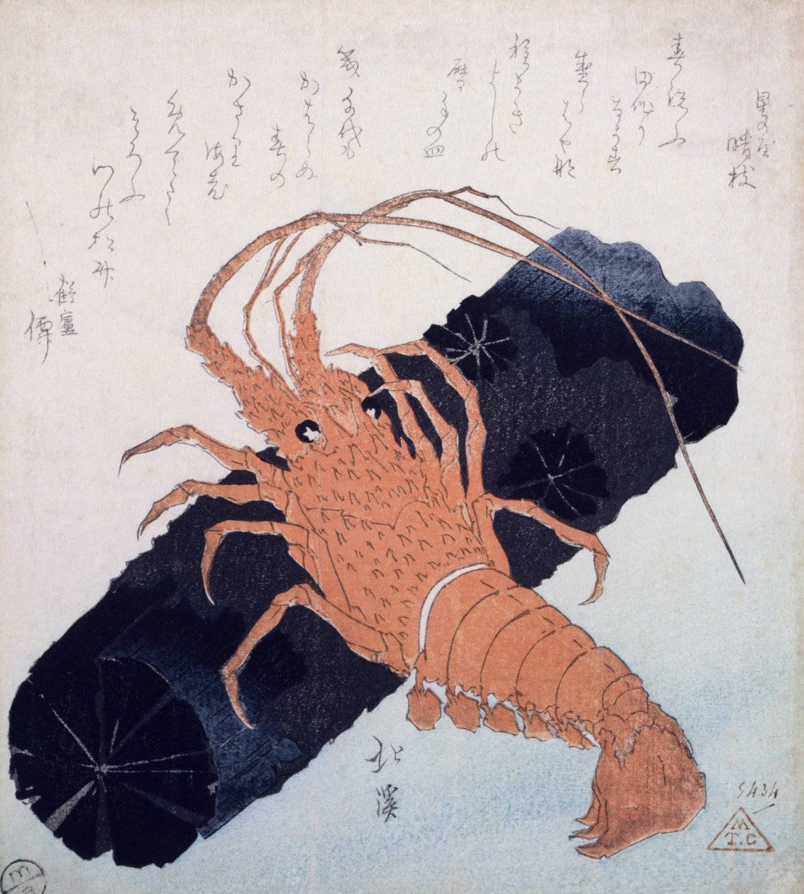 Langoustine with a Block of Charcoal, c.1830 (träblockstryck i färg) av Toyota Hokkei
