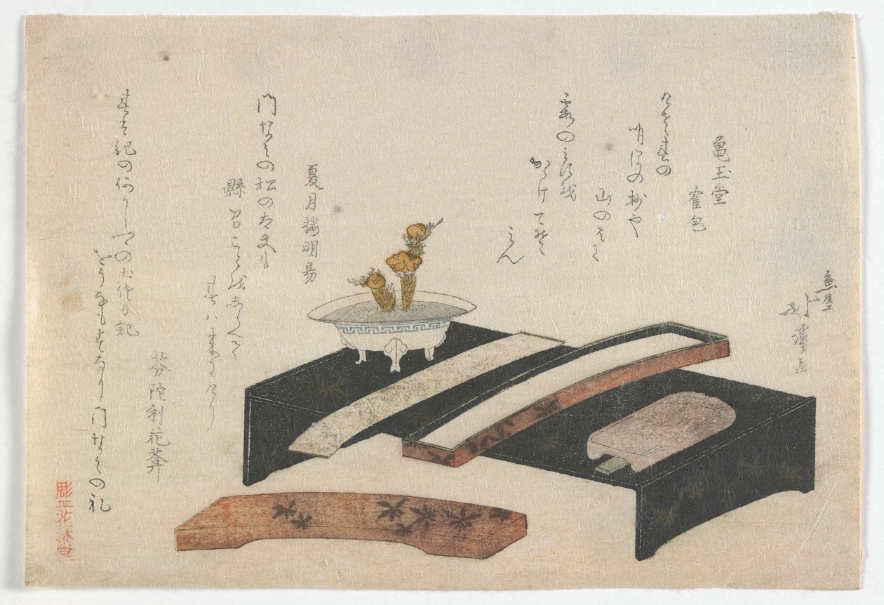 Surimono som illustrerar ett skrivbord, Edo-period, ca 1800-10 (trätryck i färg) av Toyota Hokkei